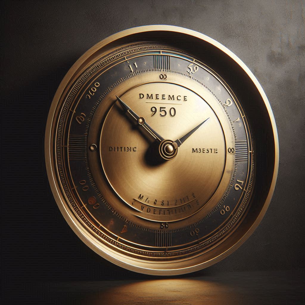 A digital rendering of a vintage-inspired clock face, featuring aged brass textures, serif typography reminiscent of the 1950s, and subtle imperfections that suggest wear and tear. The clock is displayed on a dark, minimalist background, highlighting its timeless design.