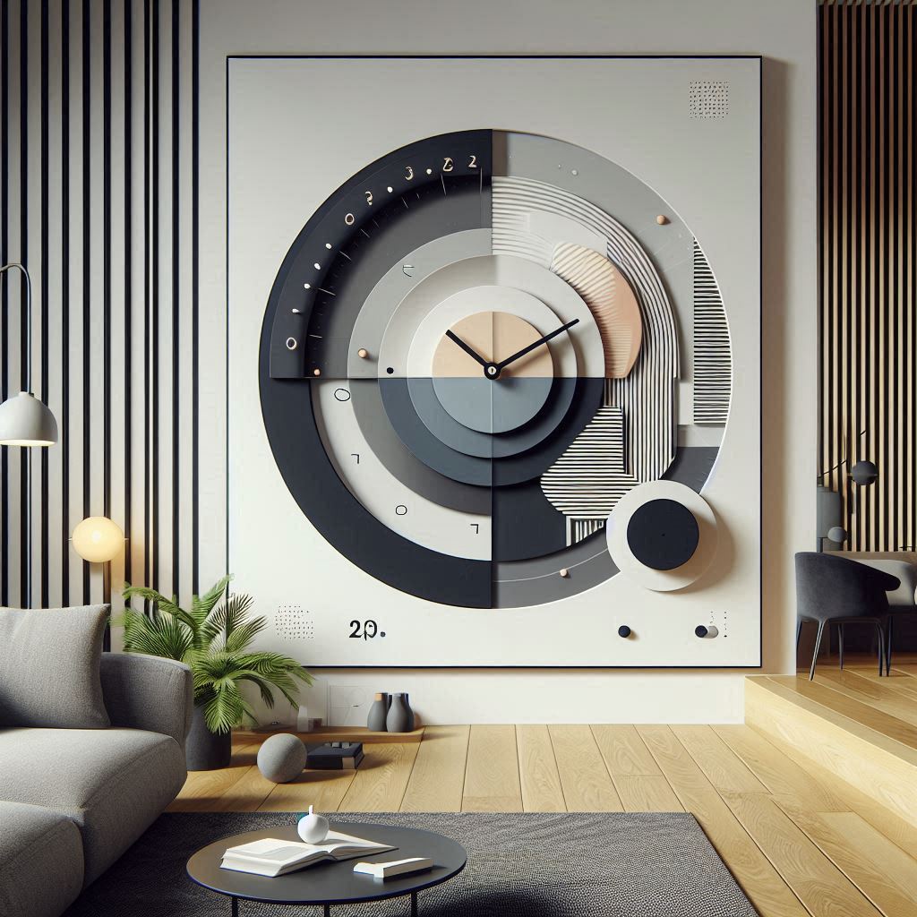 A visually appealing clock design showcasing neumorphic and material design elements, featuring soft shadows, layered textures, and a clean, readable display. The clock is subtly integrated into a modern living room environment to illustrate its aesthetic appeal.