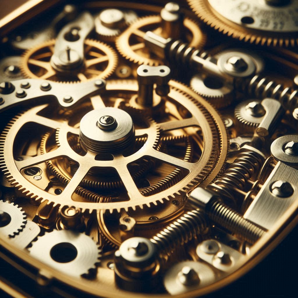 A close-up photograph of a complex clock mechanism, showcasing intricate gears and springs. The image should have a warm, golden tone and shallow depth of field to emphasize the craftsmanship.