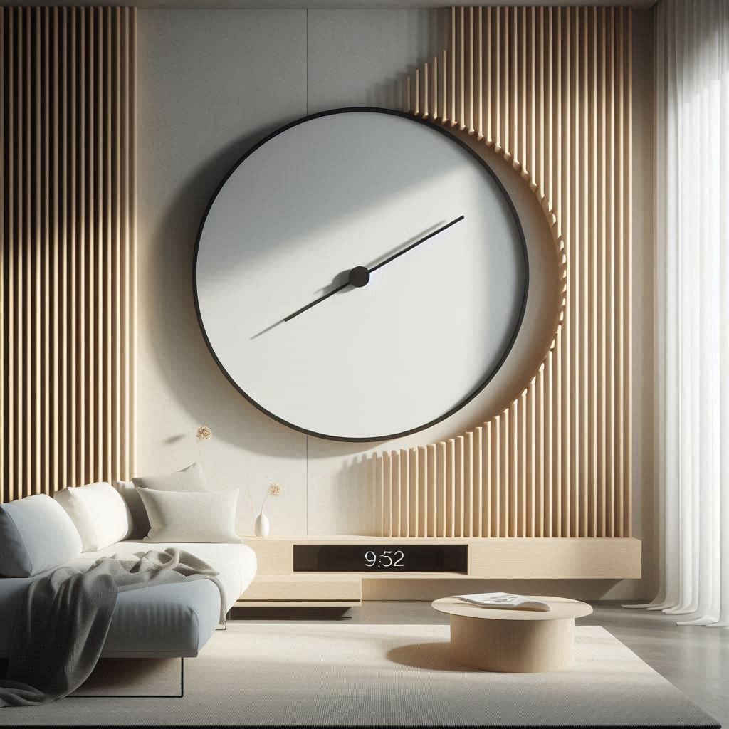 A modern, minimalist living room with a large, digital clock artfully displayed on a TV screen, showcasing both form and function. The room is bathed in soft, natural light, emphasizing the clock's aesthetic appeal.