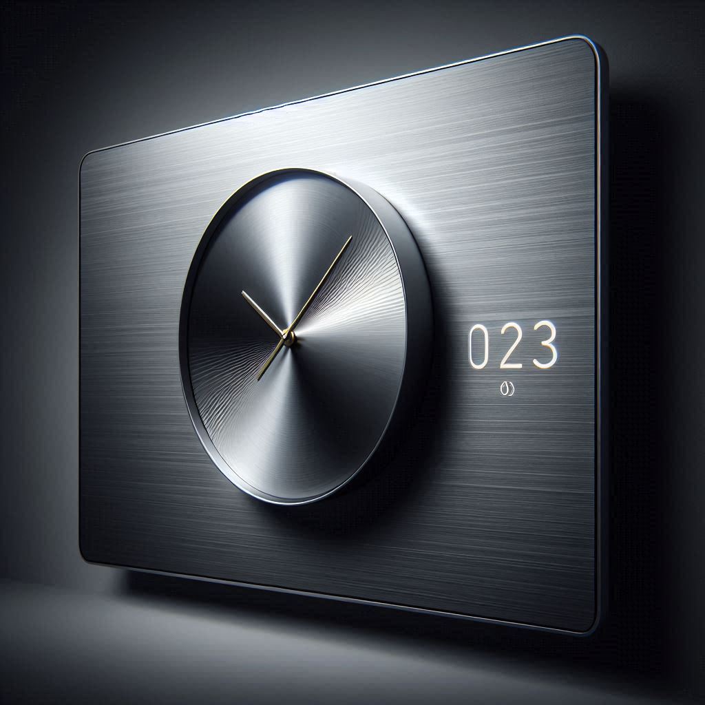 Modern digital clock UI showcasing brushed metal texture
